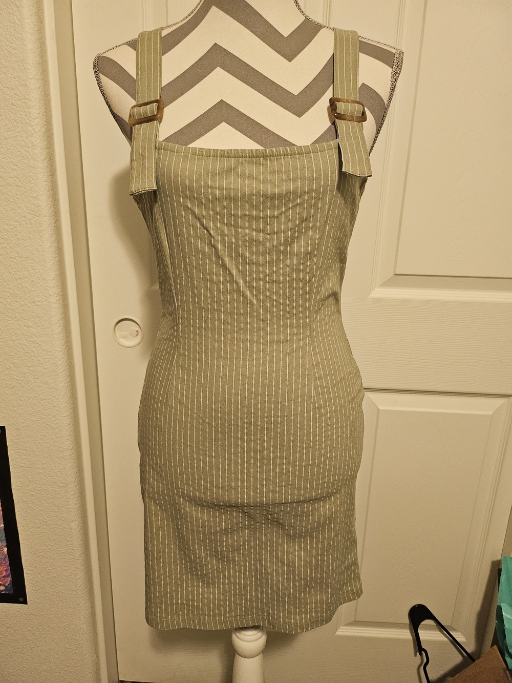 Forever 21 Olive Green Pinstripe Mini Dress with Buckle Straps